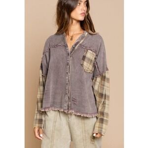 POL Oversized Plaid Sleeve Raw Edge Shirt Jacket Womens Size Large